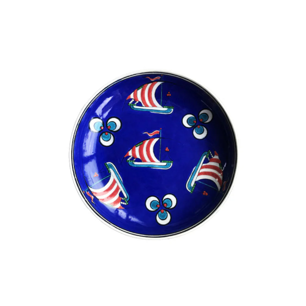 Cobalt Blue Turkish Ceramic Plate - Handmade Galleon Ship Pattern