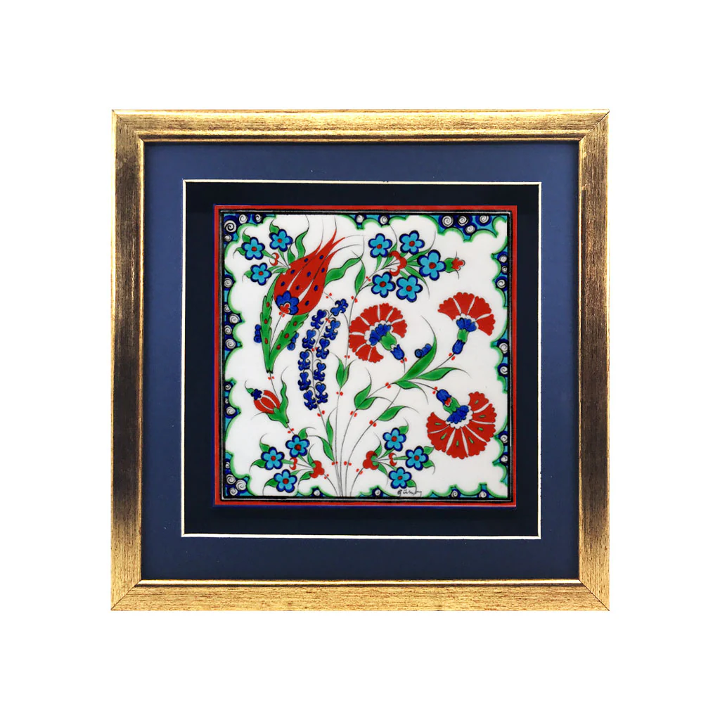 Framed Iznik Tile with Tulip and Carnation Motifs