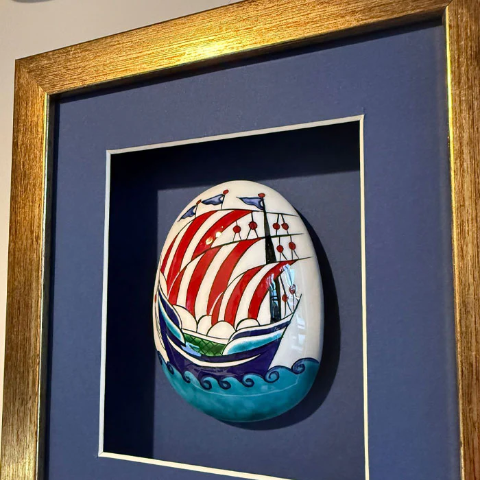 Framed Stone Iznik Tile with Galleon Motif – 19 × 21 cm - Image 2