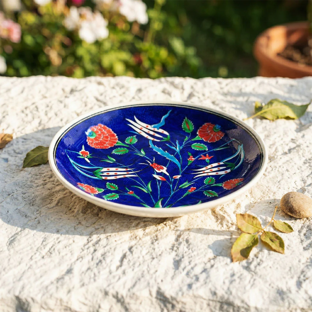 Handmade Iznik Ceramic Plate - Cobalt Blue with Tulip and Carnation Motifs - Image 2