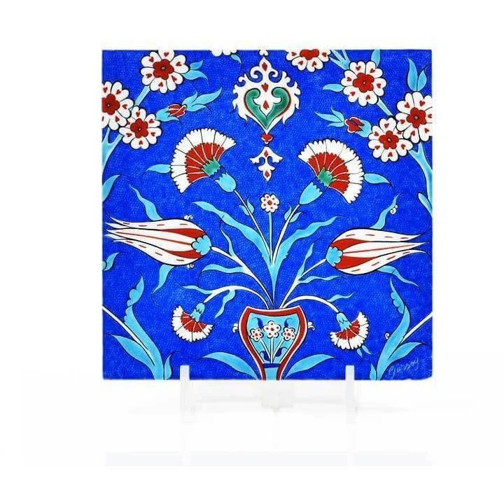 Iznik Tile | Carnations and Tulips - Cobalt Ground
