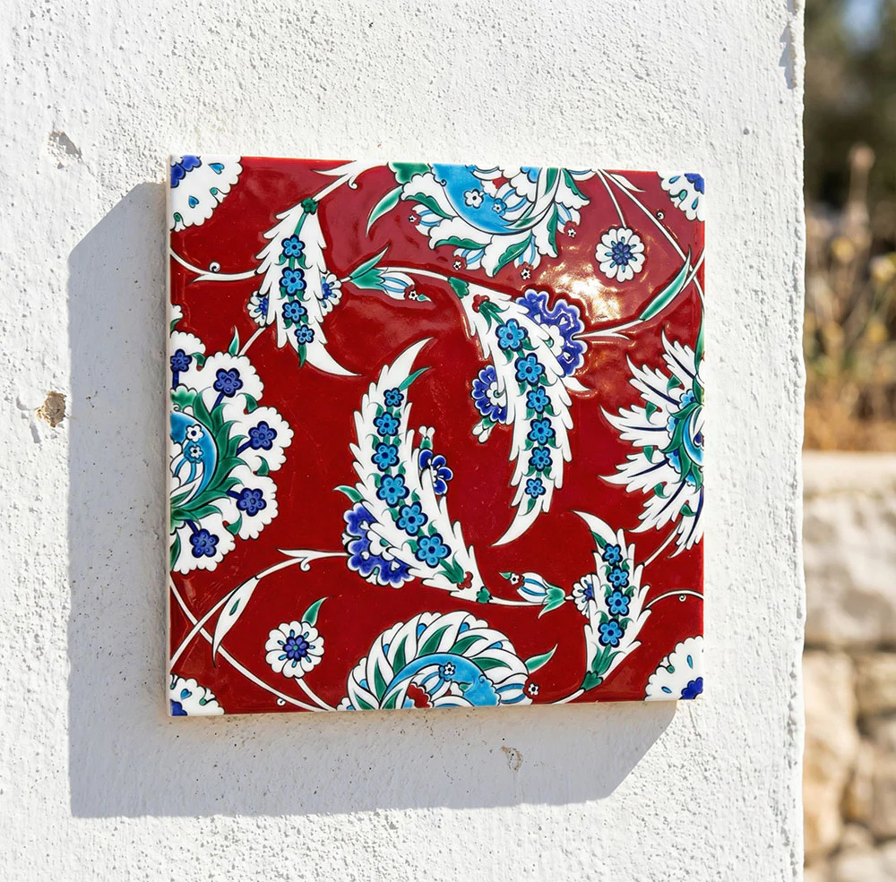 Iznik Tile with Coral Red Ground in Saz Style - Image 4