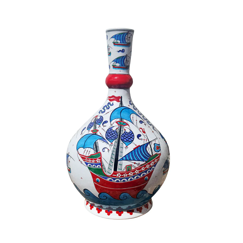 Imperial Coral Red Galleon - Hand-Decorated Iznik Ceramic Vase