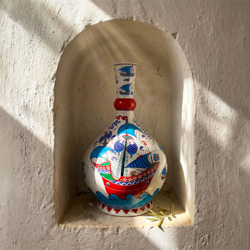 Imperial Coral Red Galleon - Hand-Decorated Iznik Ceramic Vase - Image 2