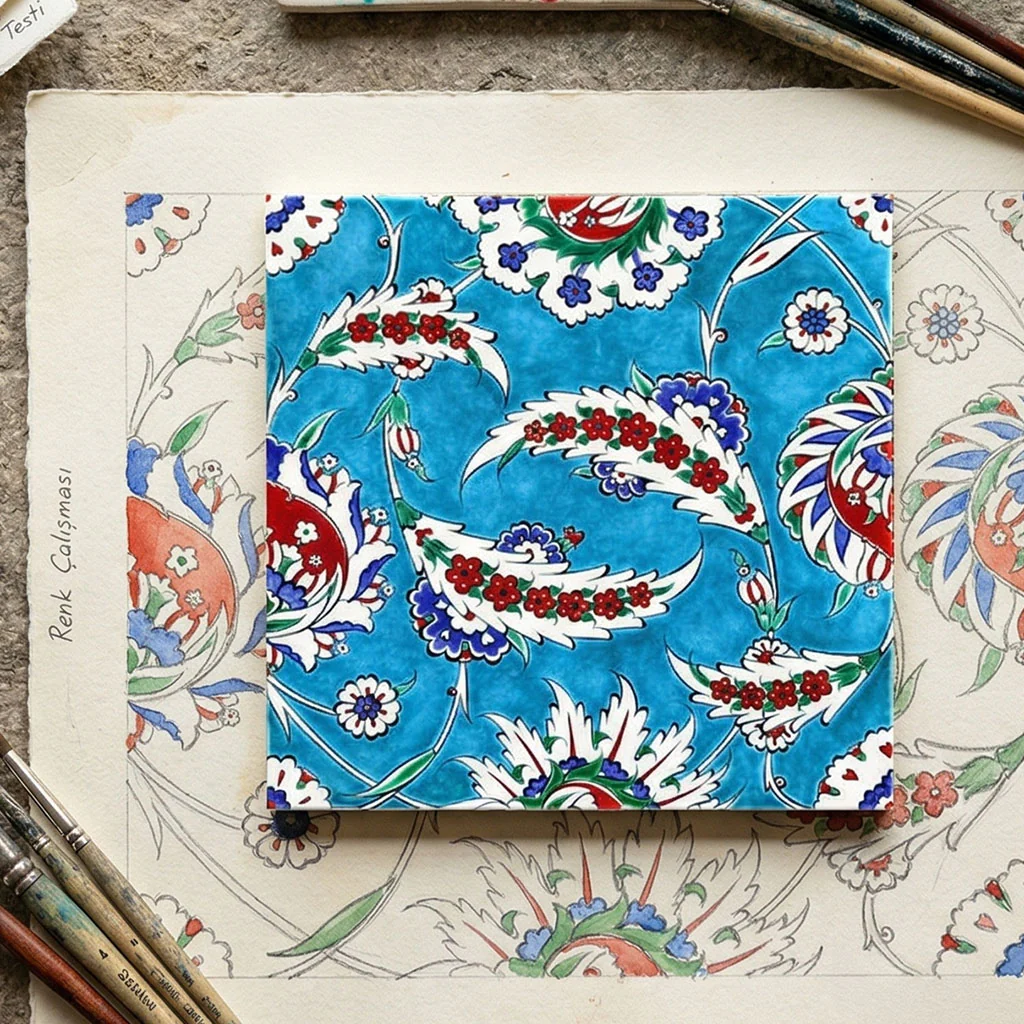 Turquoise Ground Iznik Tile in Saz Style - Image 3